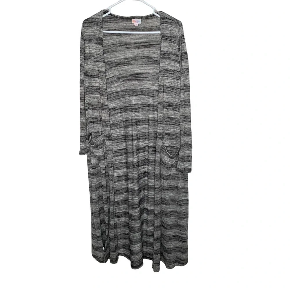 Lularoe womens Sarah Duster Cardigan small Gray stripe pockets Thin Knit - Picture 1 of 4